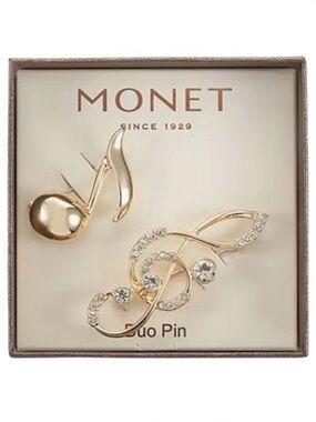 MONET Music Note Brooch Pin Set Gold Tone Rhinestone Treble Clef Duo New in Box